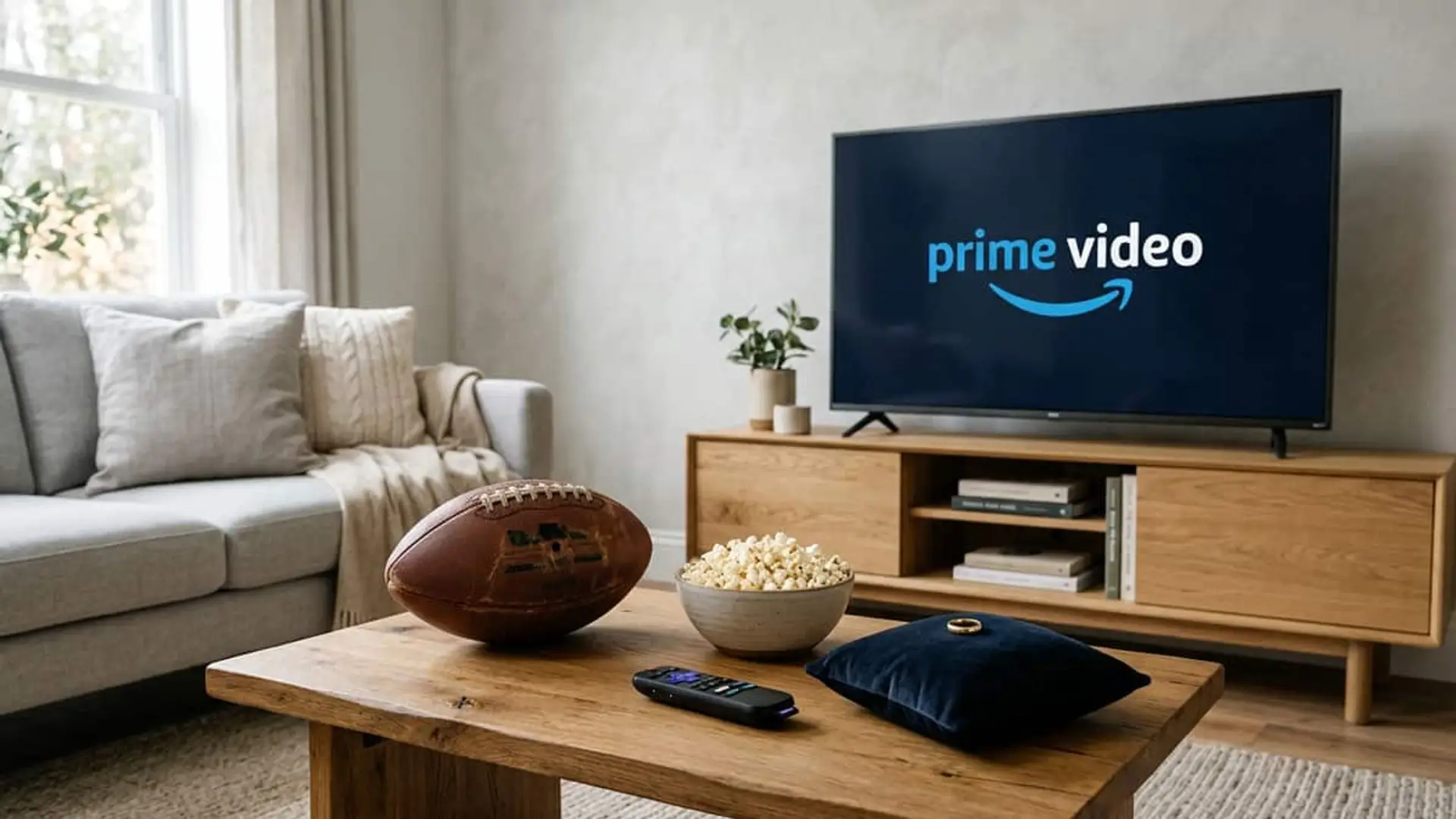 Televisor con el logotipo de Prime Video en un salón, junto a un balón de fútbol americano, palomitas y un mando a distancia.