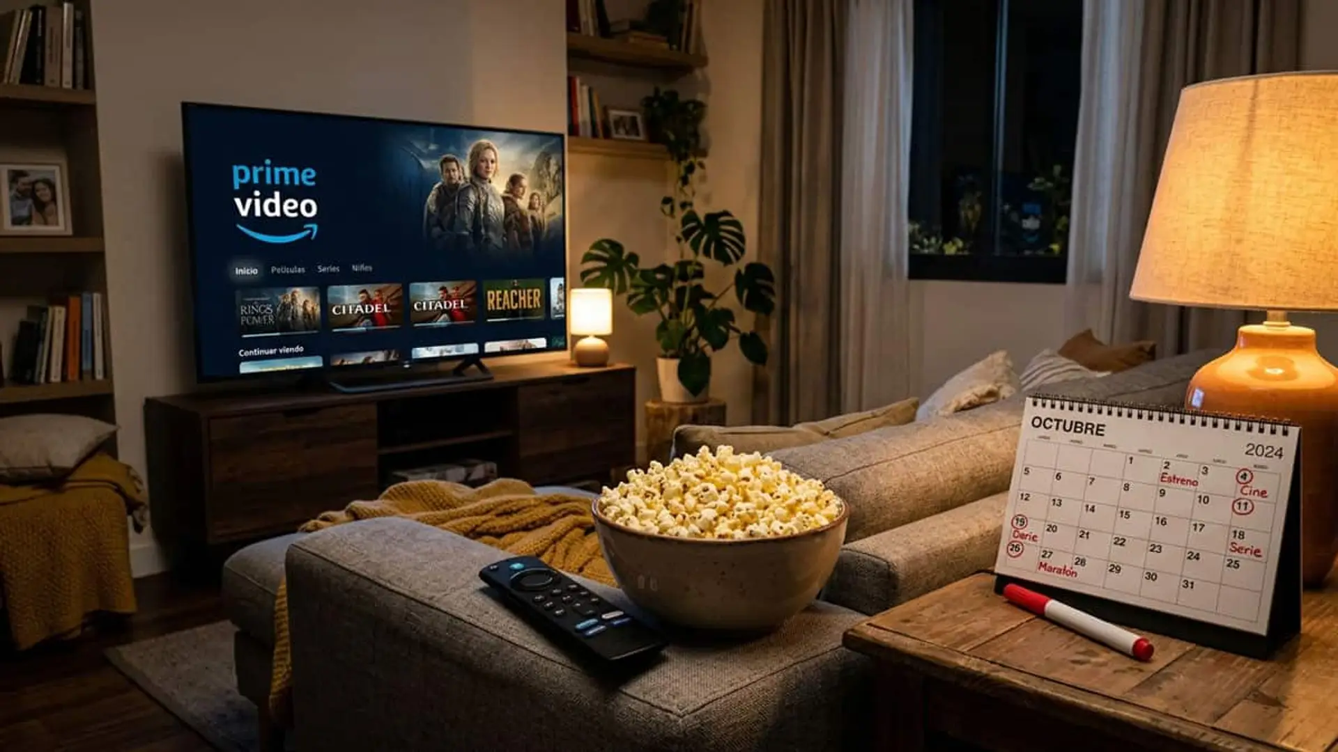 Prime Video en un televisor junto a un bol de palomitas, un mando y un calendario de estrenos de octubre