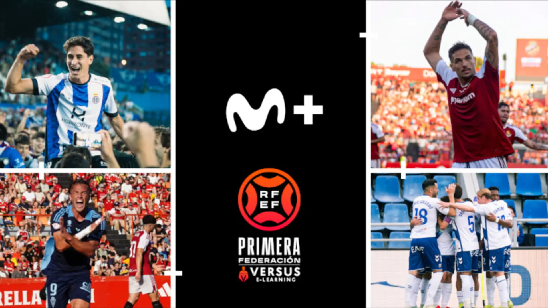 Collage de la Primera Federación con imágenes de jugadores y el logo de Movistar Plus+, la plataforma que emite la competición.