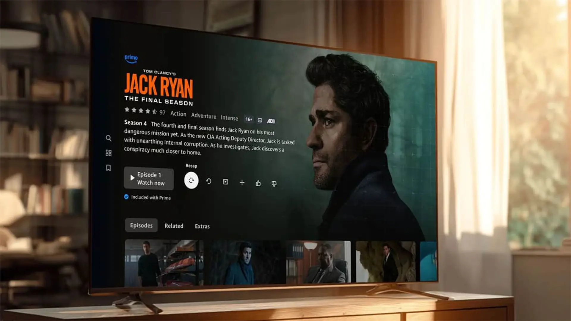 Televisor 4K vista lateral mostrando la portada de Jack Ryan en la aplicación de streaming.