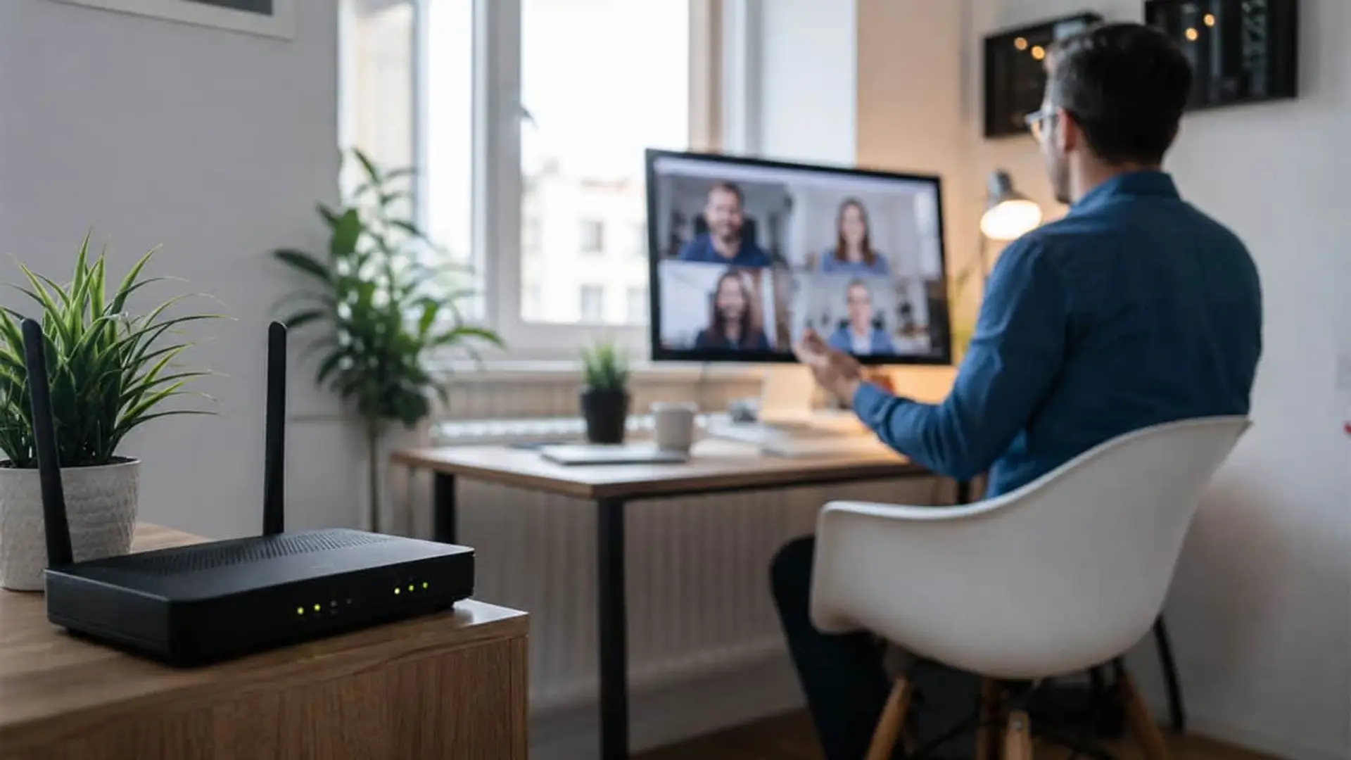 Antes de cambiar de operadora, ya puedes comparar cuál da menos problemas según la CNMC Profesional en videollamada desde oficina en casa con router WiFi visible y espacio de teletrabajo moderno