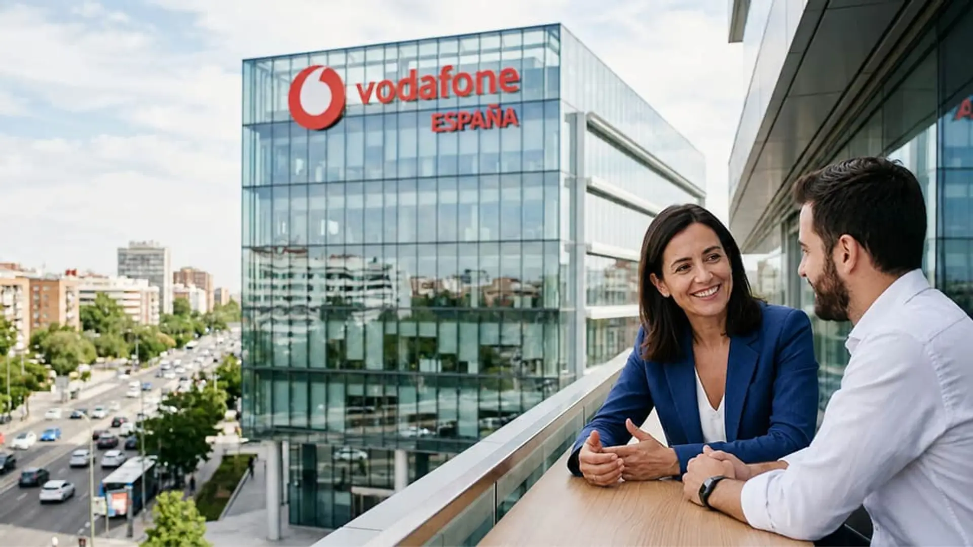 Dos profesionales conversan frente a la sede de Vodafone España en Madrid