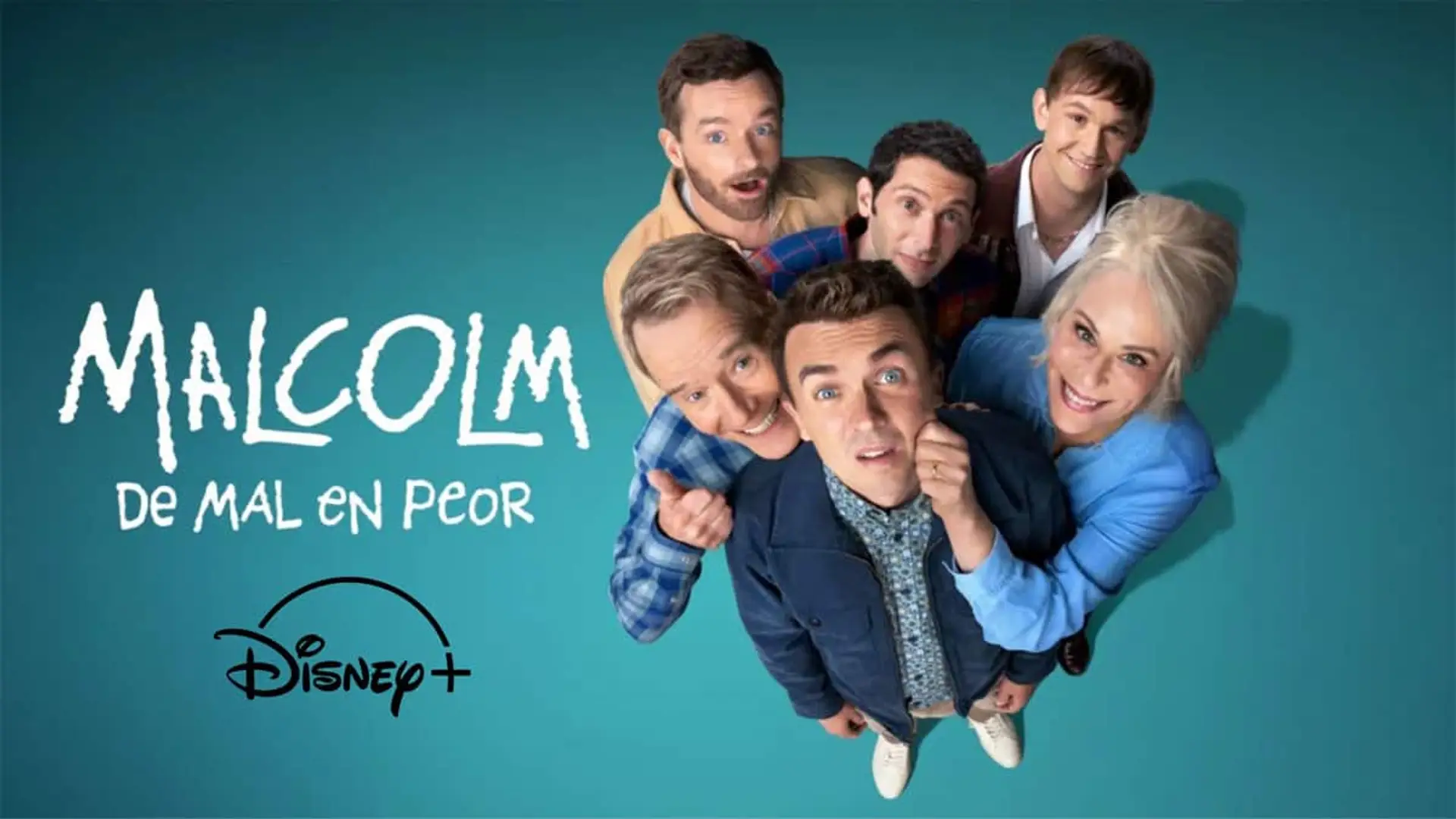 Imagen promocional de Malcolm con varios personajes y el logotipo de Disney+