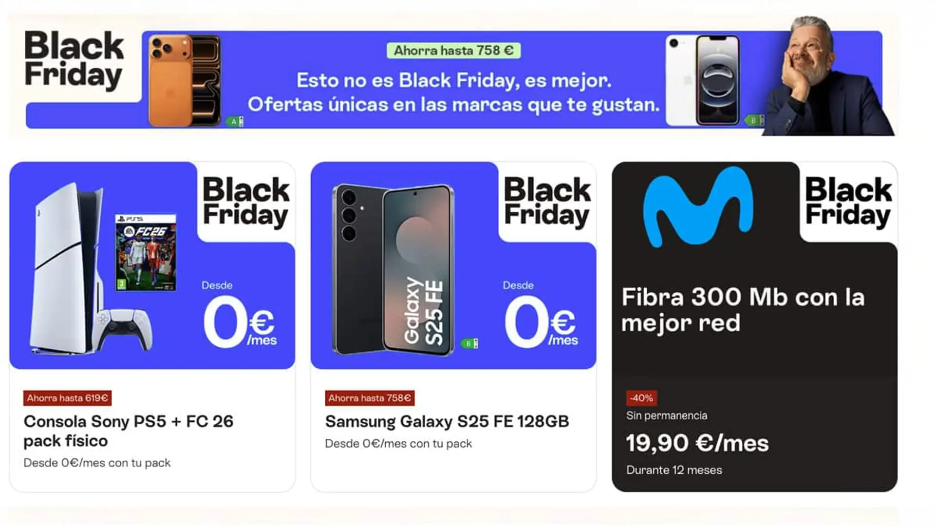 Promociones de Black Friday con ofertas de la PS5, el Samsung Galaxy S25 FE y una tarifa de fibra Movistar.
