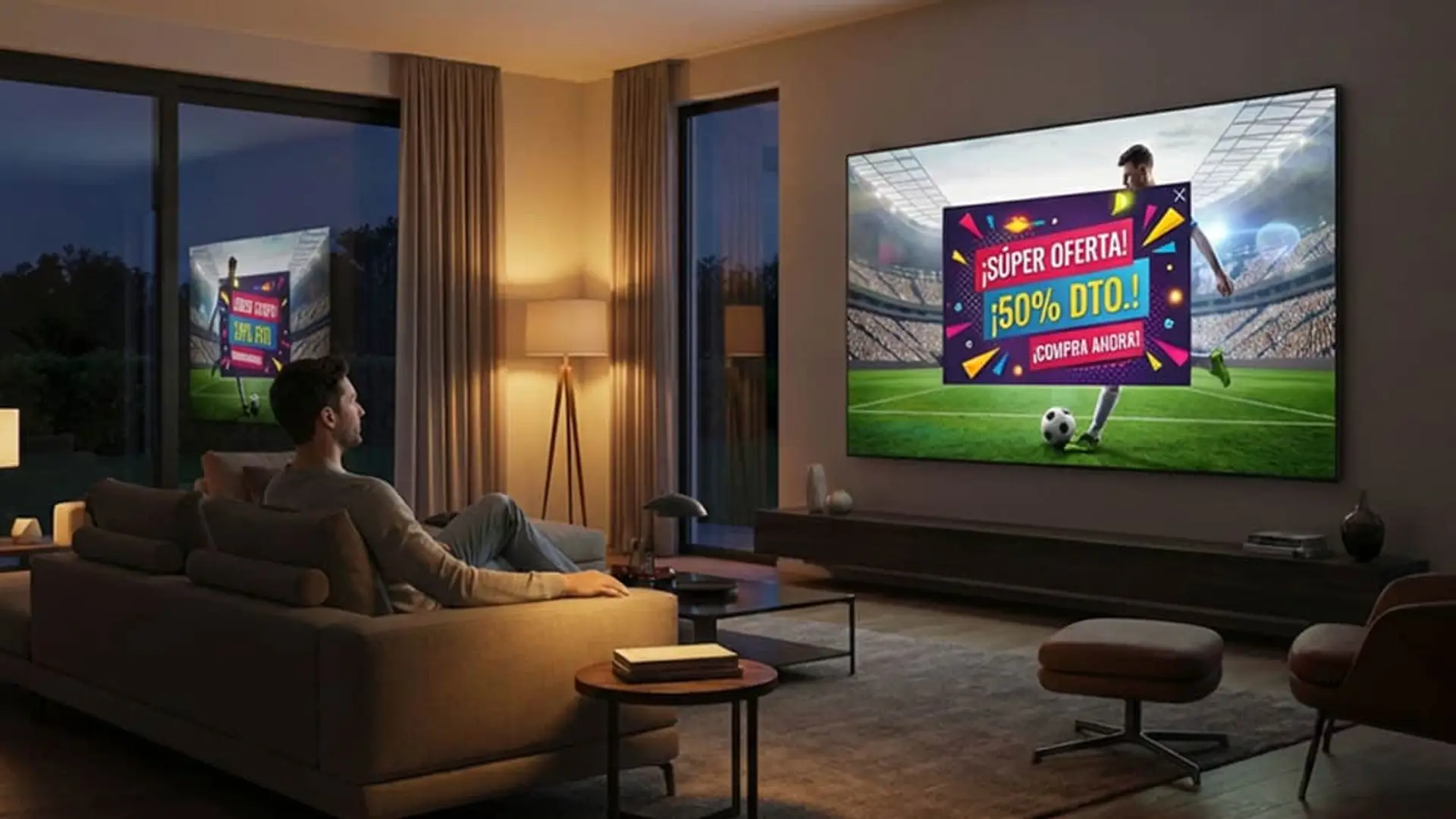 Hombre viendo fútbol en una Smart TV con un banner publicitario de 50% de descuento. Publicidad en televisión.