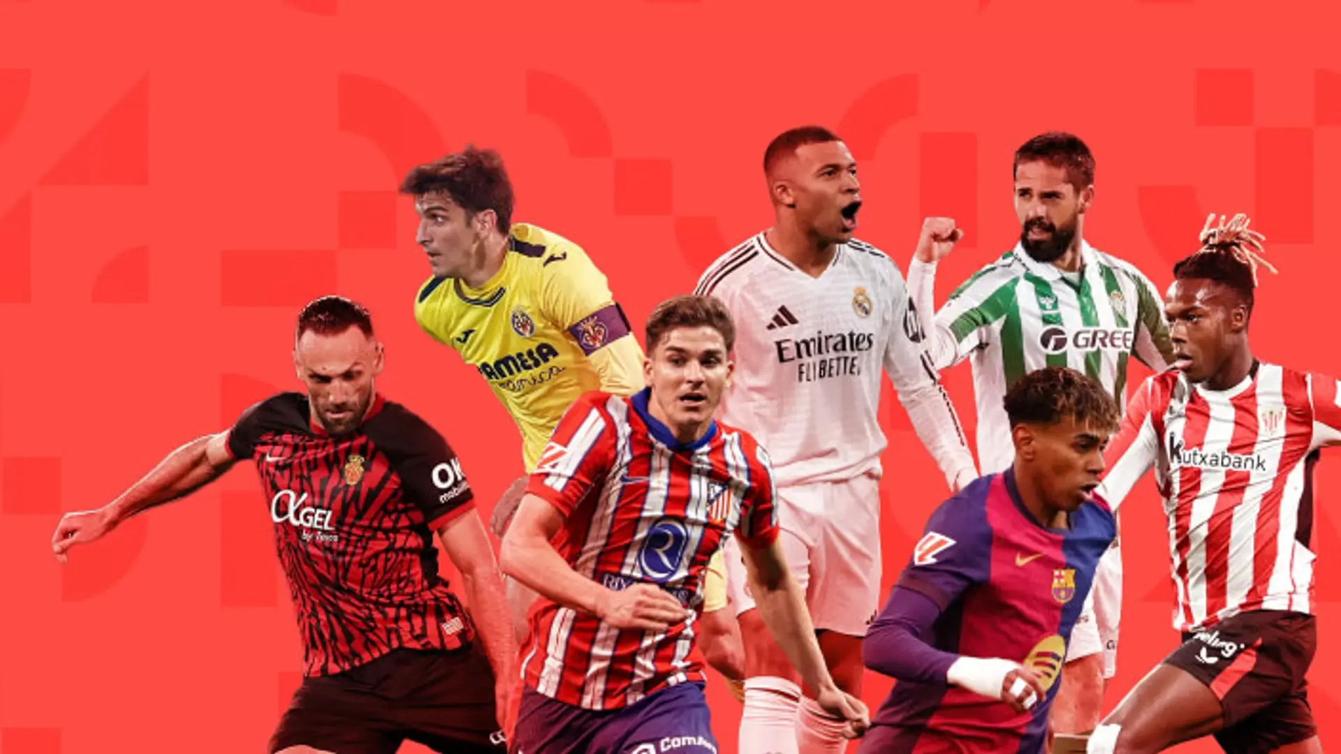 Collage con varios de los jugadores estrella de LaLiga, como Mbappé, Griezmann e Isco, sobre un fondo rojo.