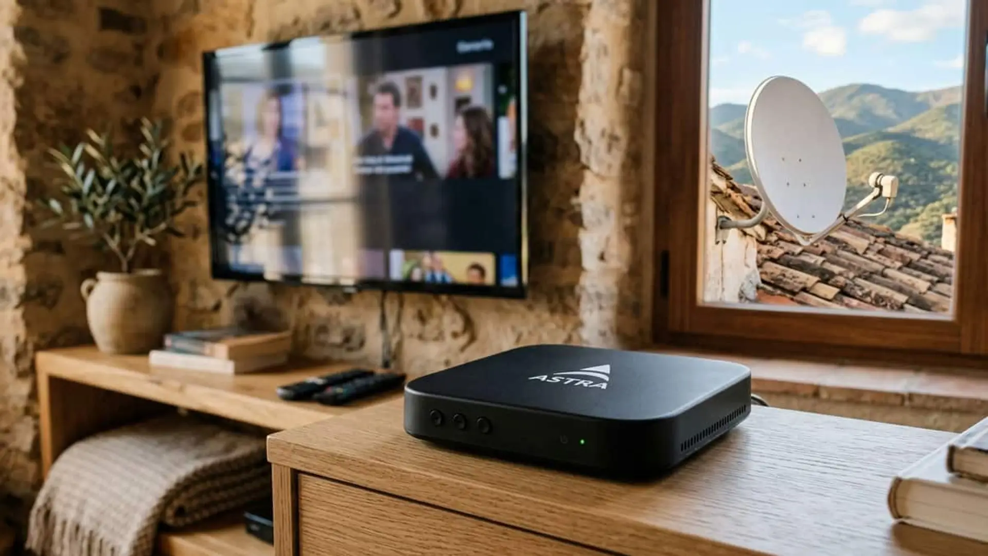 TDT por satélite de Astra TV sin cuotas a 199€: qué incluye, qué no y cuándo compensa frente a la suscripción Receptor de televisión Astra junto a un televisor y una antena parabólica instalada en una vivienda