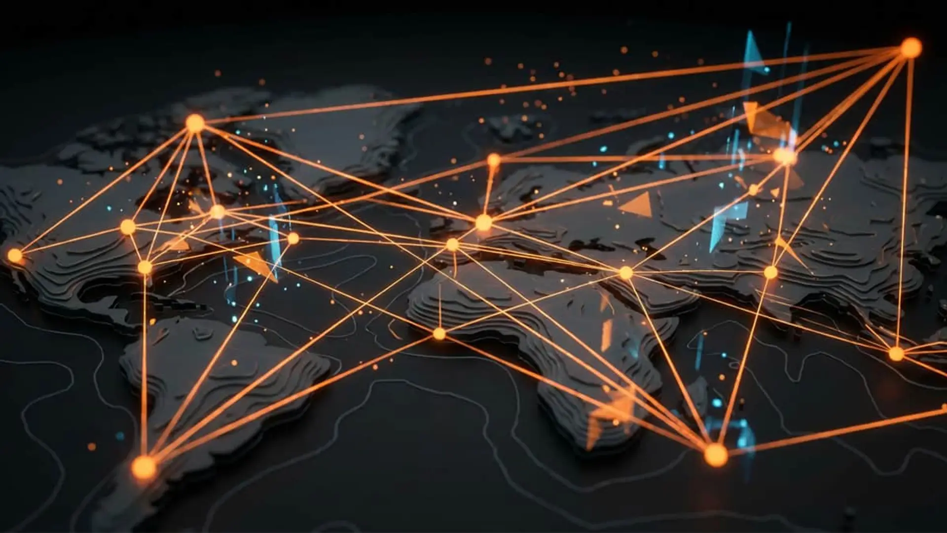 Mapa mundial con red de conexiones globales naranjas. Concepto de internet, fibra óptica y conectividad digital.