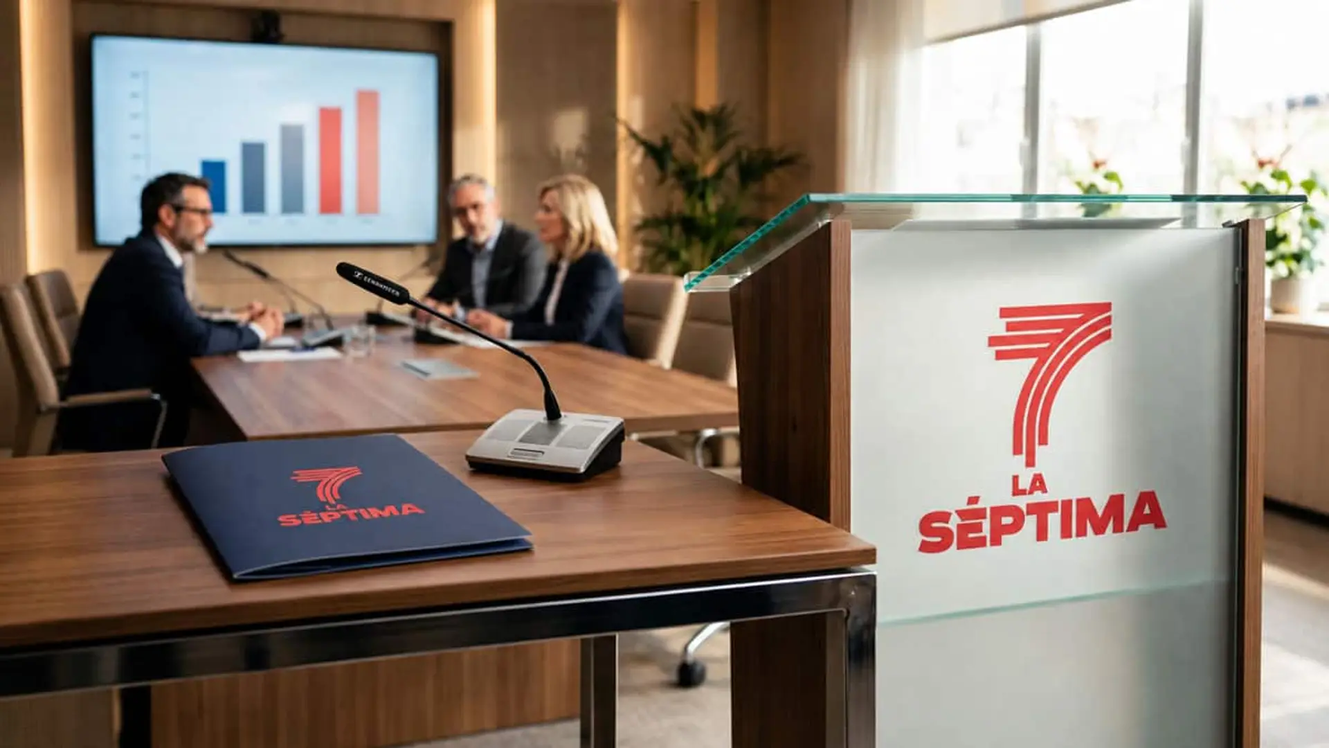 La Séptima costará diez veces menos que laSexta en 2006 y aspira al 2,2% de audiencia Reunión de directivos en una sala de juntas con el logotipo de La Séptima en un atril y una carpeta