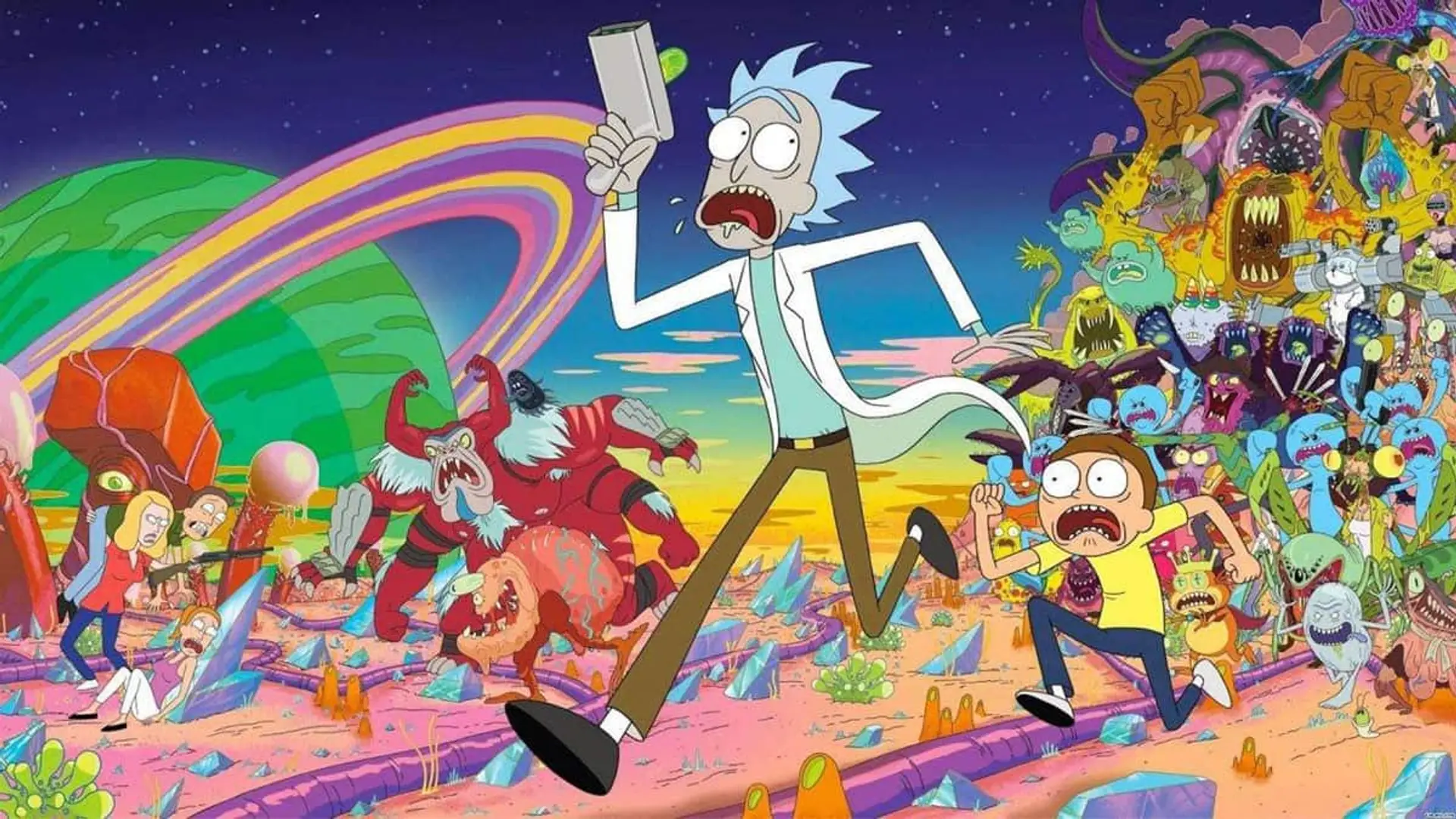 Rick y Morty huyen de criaturas alienígenas en una dimensión colorida del multiverso