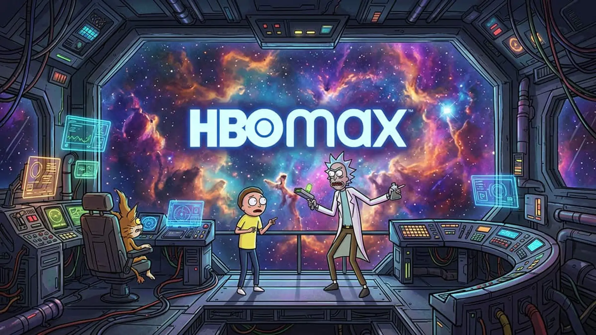Rick y Morty en una nave espacial con el logotipo de HBO Max y una galaxia al fondo