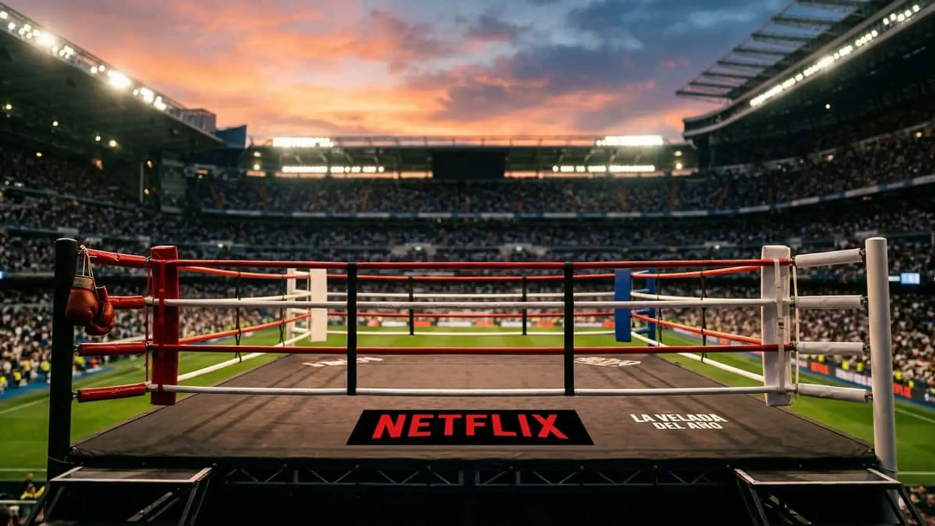 Ring de boxeo con los logotipos de Netflix y La Velada del Año en el centro de un estadio lleno de espectadores.