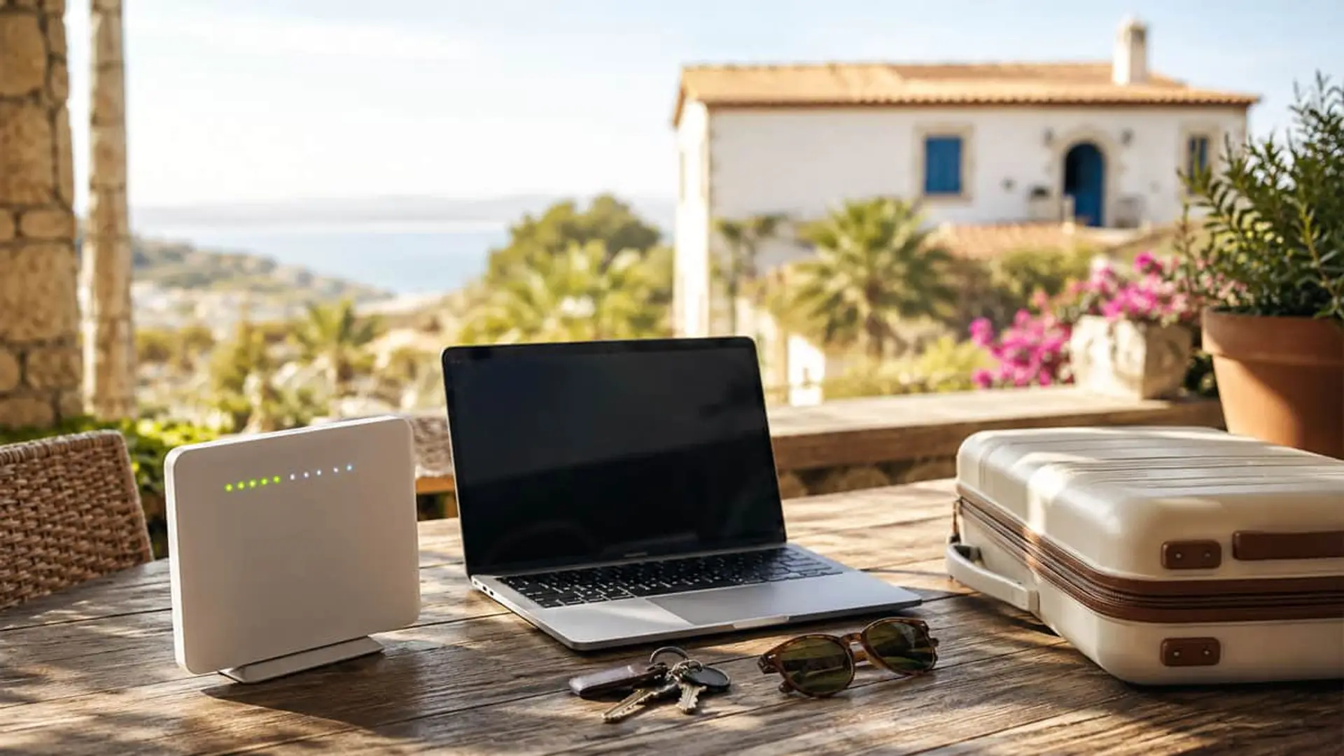 Router 5G, portátil y maleta en terraza mediterránea con vistas al mar para teletrabajo en vacaciones