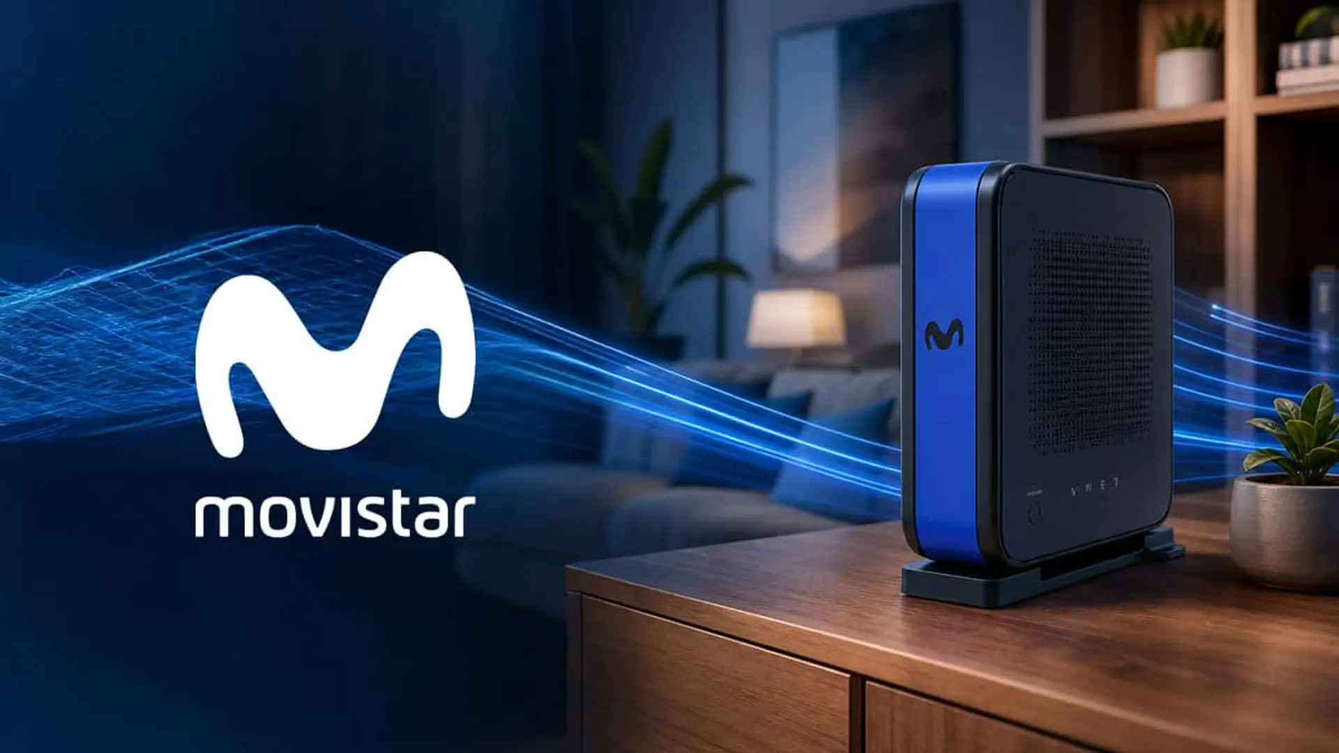El router WiFi 7 de Movistar ya es gratis desde su tarifa de fibra más barata por 19,90 euros Router de Movistar sobre un mueble en un salón, con haces azules que simbolizan la conectividad y el logotipo de la marca a la izquierda