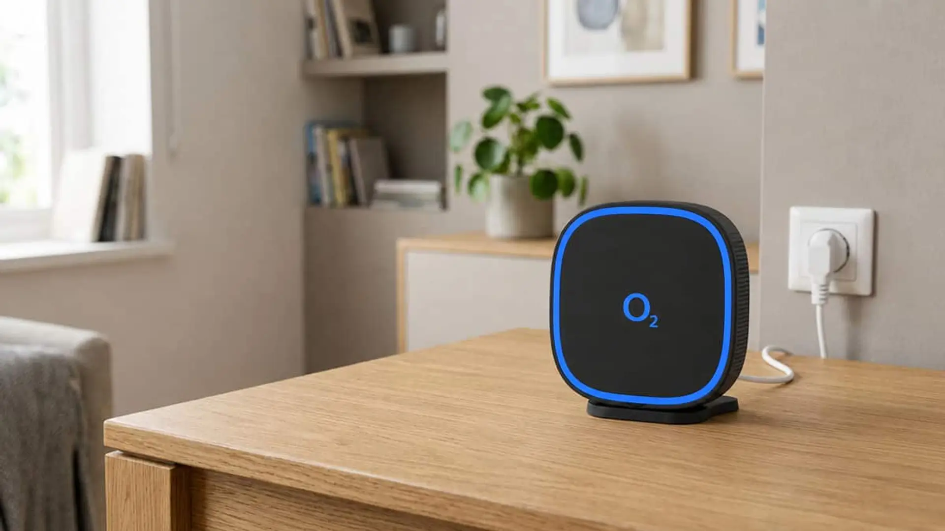 O2 da el salto al WiFi 7: router gratis solo para algunos clientes y amplificador por 69 euros Router de O2 conectado a la corriente sobre un mueble de madera en un salón