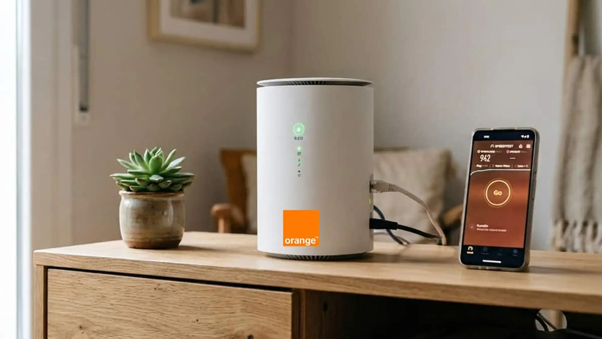 Orange iguala a Digi y Movistar en WiFi 7 con su fibra de 5 y 10 Gb, pero sacrifica los 6 GHz Router de Orange sobre un mueble junto a un móvil con una app de control abierta en un salón