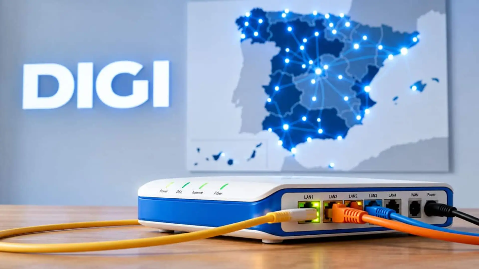 Digi supera los 3 millones de clientes de fibra y se consolida como tercera teleco ante Vodafone Router de DIGI con varios cables Ethernet y un mapa de España con puntos de conexión