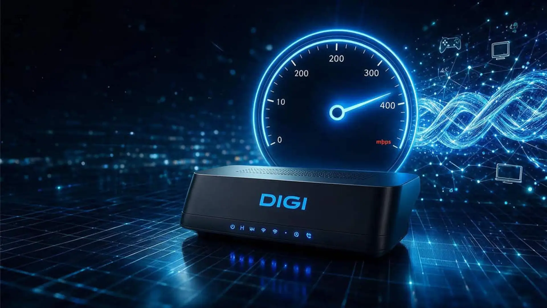 Router de DIGI con un velocímetro digital que representa la alta velocidad de la conexión de fibra óptica