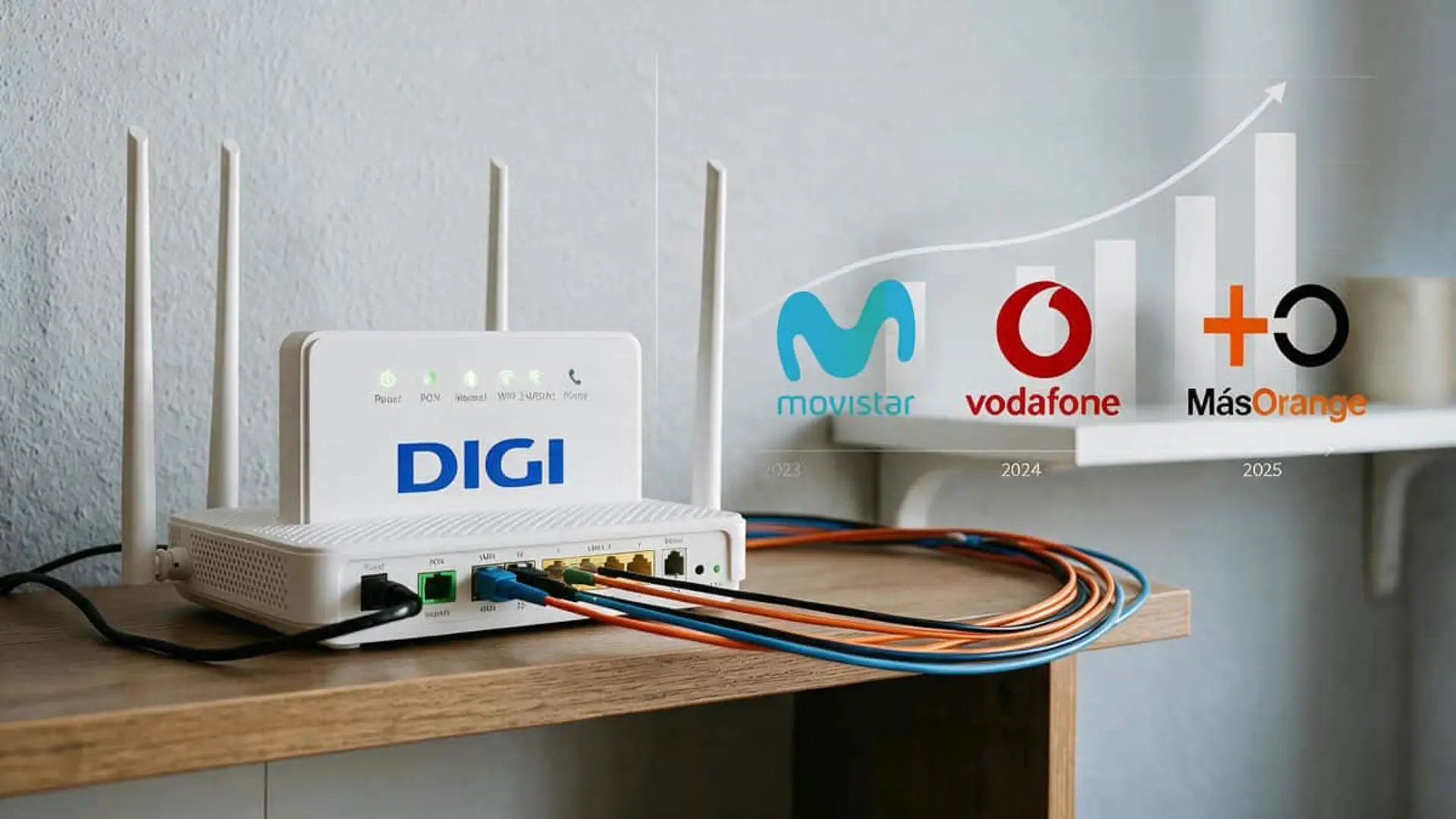 La fibra de Digi crece un 12,2% en el semestre mientras MasOrange pierde terreno y Movistar se frena Router de DIGI conectado por fibra junto a los logos de Movistar, Vodafone y MásOrange y un gráfico de crecimiento