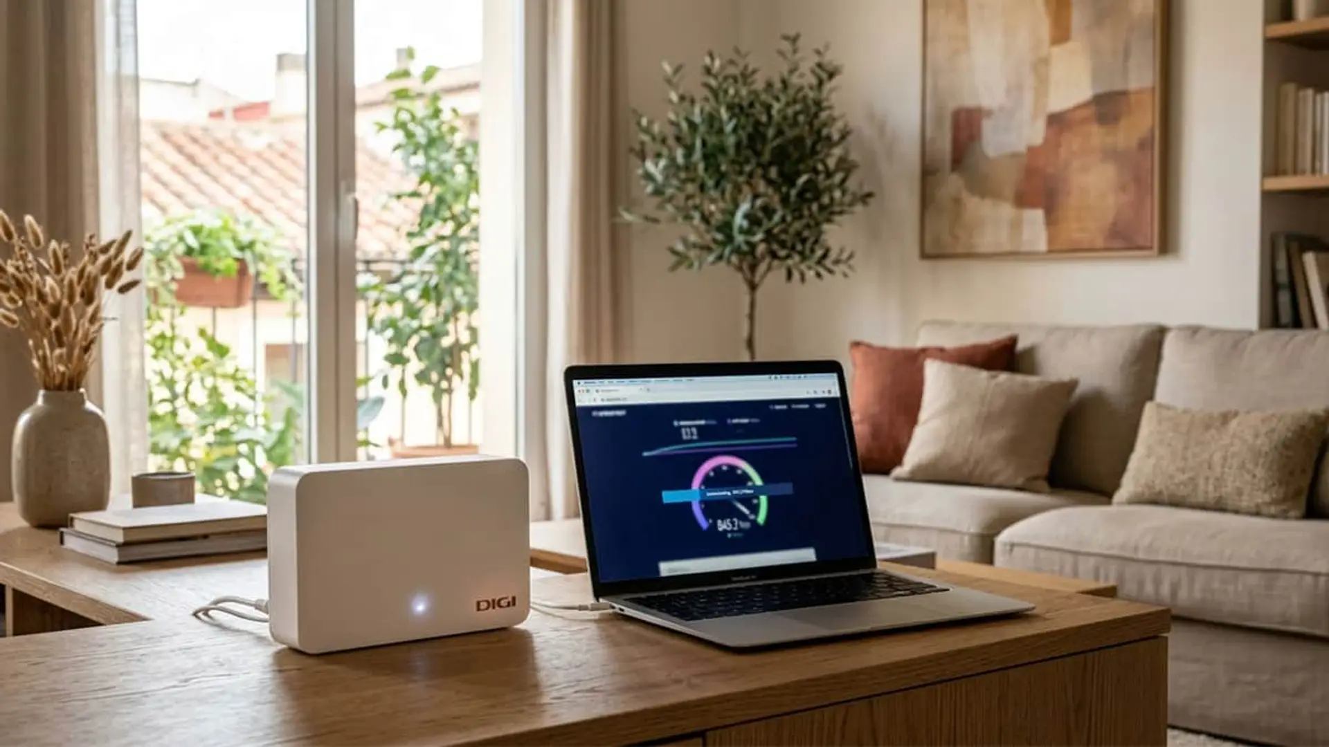 Los nuevos routers de Digi tienen premio: sube su fibra de 1 a 2 Gbps y mantiene el precio en 20 euros Router DIGI junto a un portátil mostrando un test de velocidad de fibra en el salón de una vivienda.
