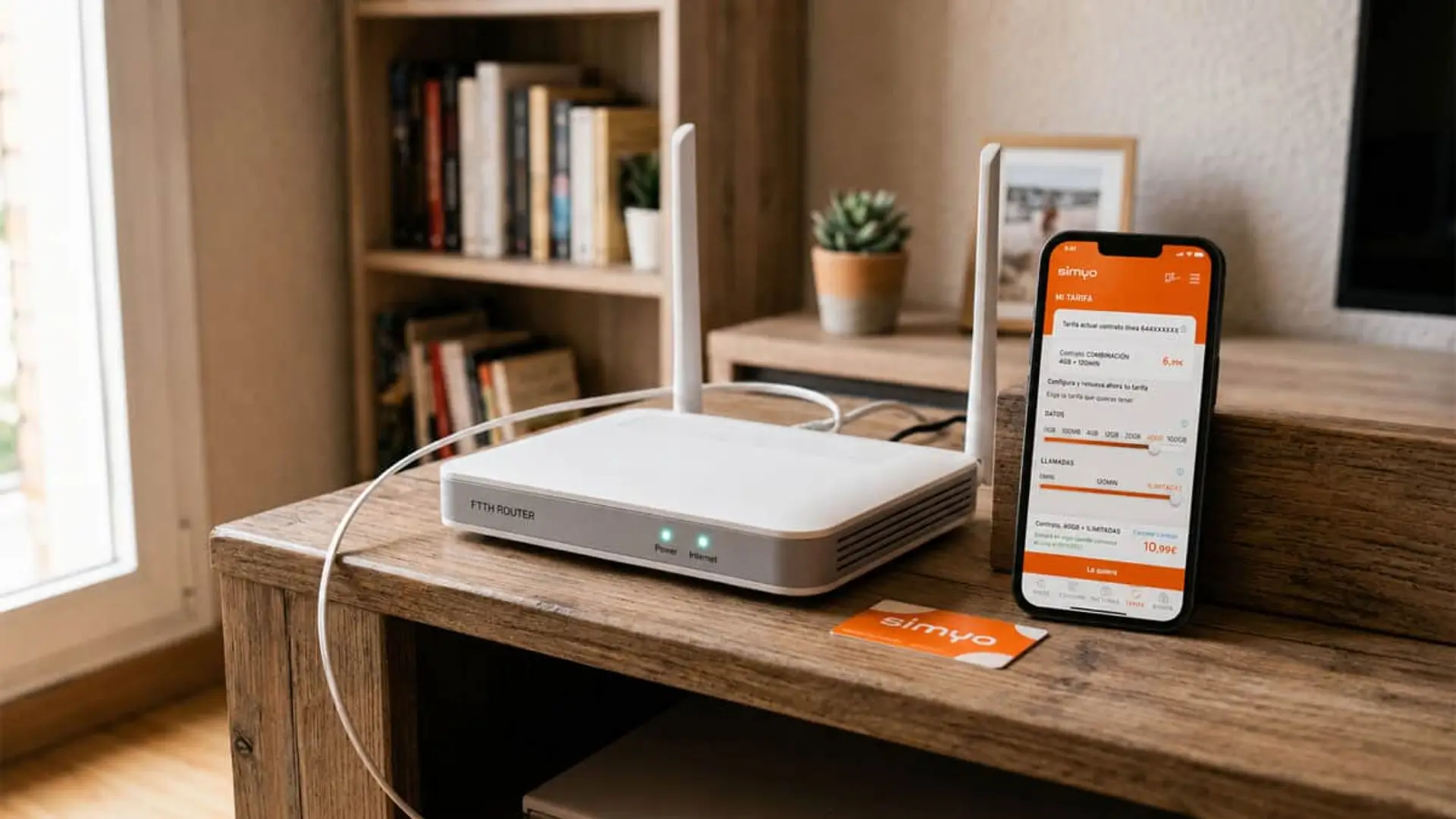Router de fibra Simyo y aplicación móvil para gestionar tarifas de internet y telefonía desde casa.