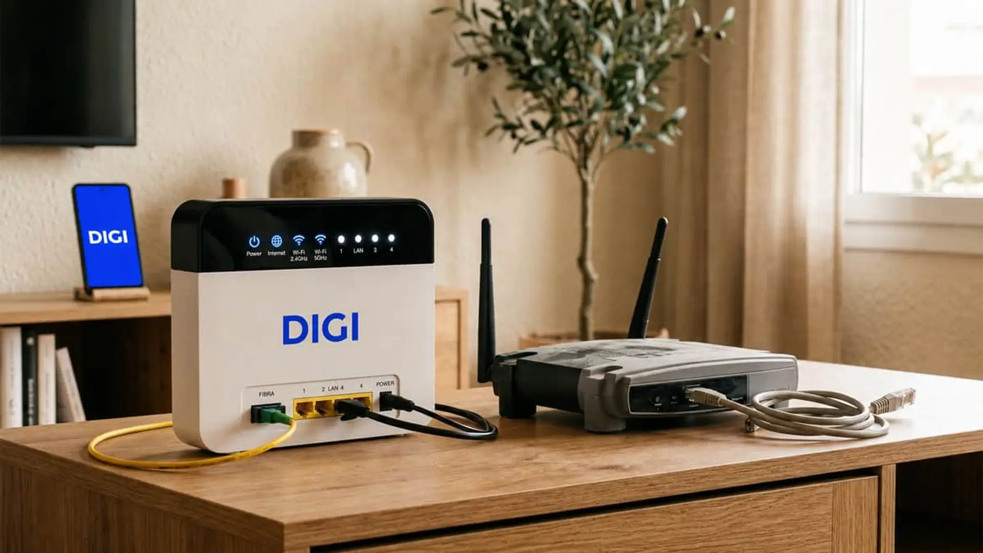 Router de fibra DIGI con WiFi conectado junto a un router antiguo y cable Ethernet en una vivienda