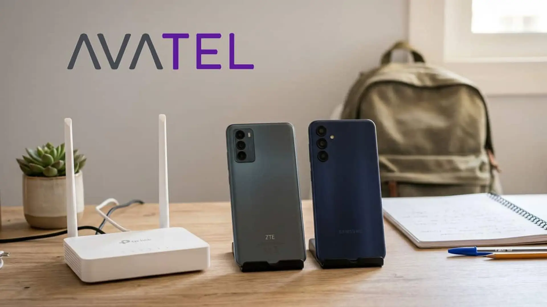 Router y dos teléfonos móviles sobre una mesa con material de estudio y el logo de Avatel