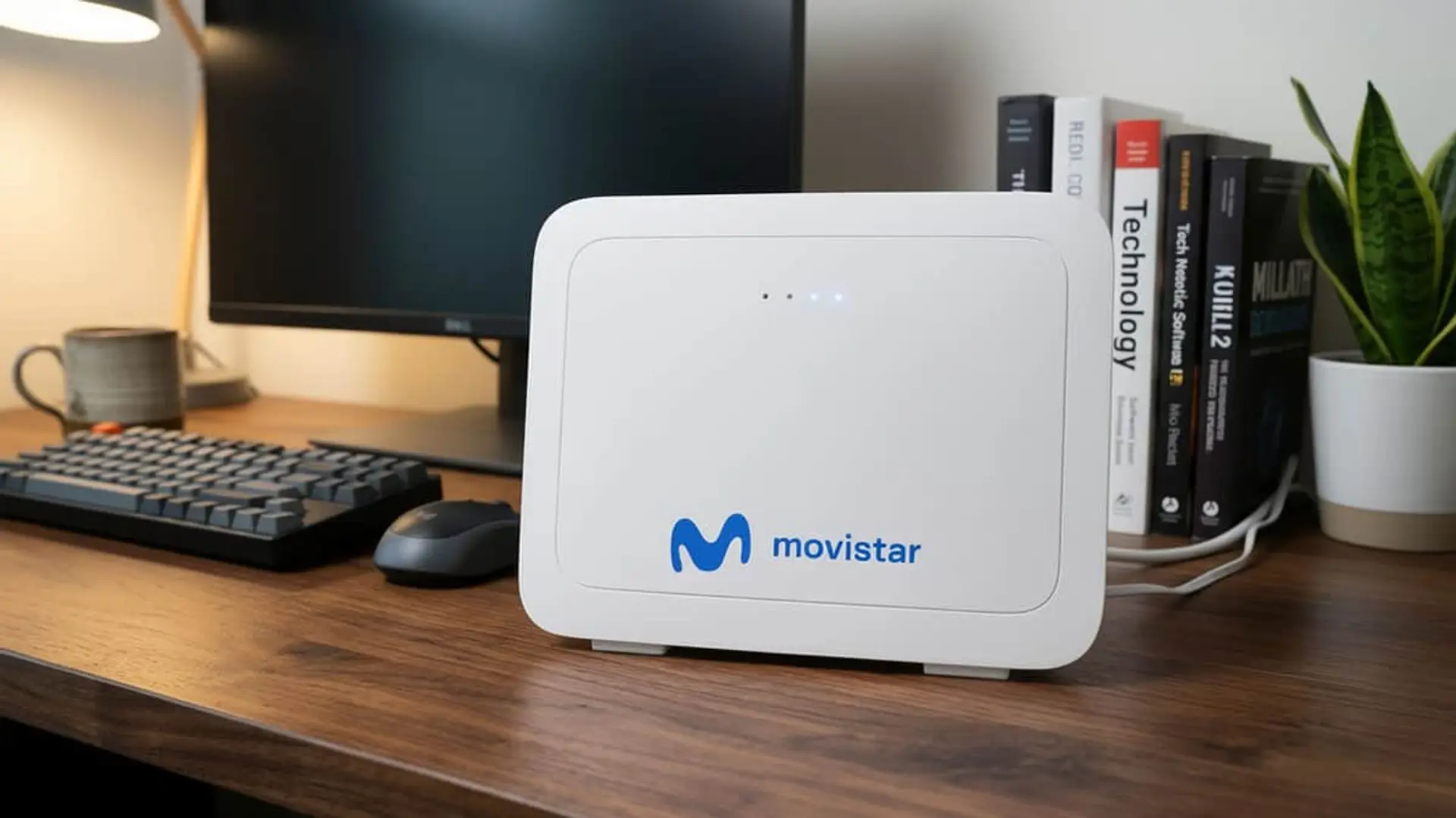 Router Smart WiFi de Movistar sobre escritorio para internet de fibra óptica y conectividad wifi en el hogar.