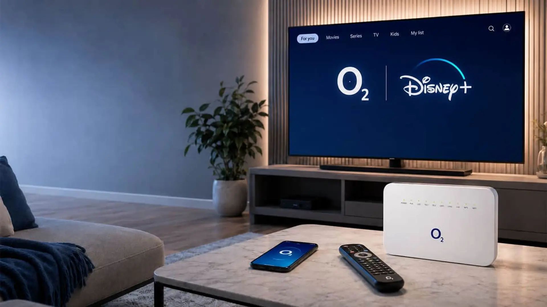 Disney+ ya está en O2: la operadora confirma cuatro tarifas junto a Netflix y Movistar Plus Router O2 con Disney+ en TV, móvil y mando en salón moderno con WiFi y entretenimiento en streaming.