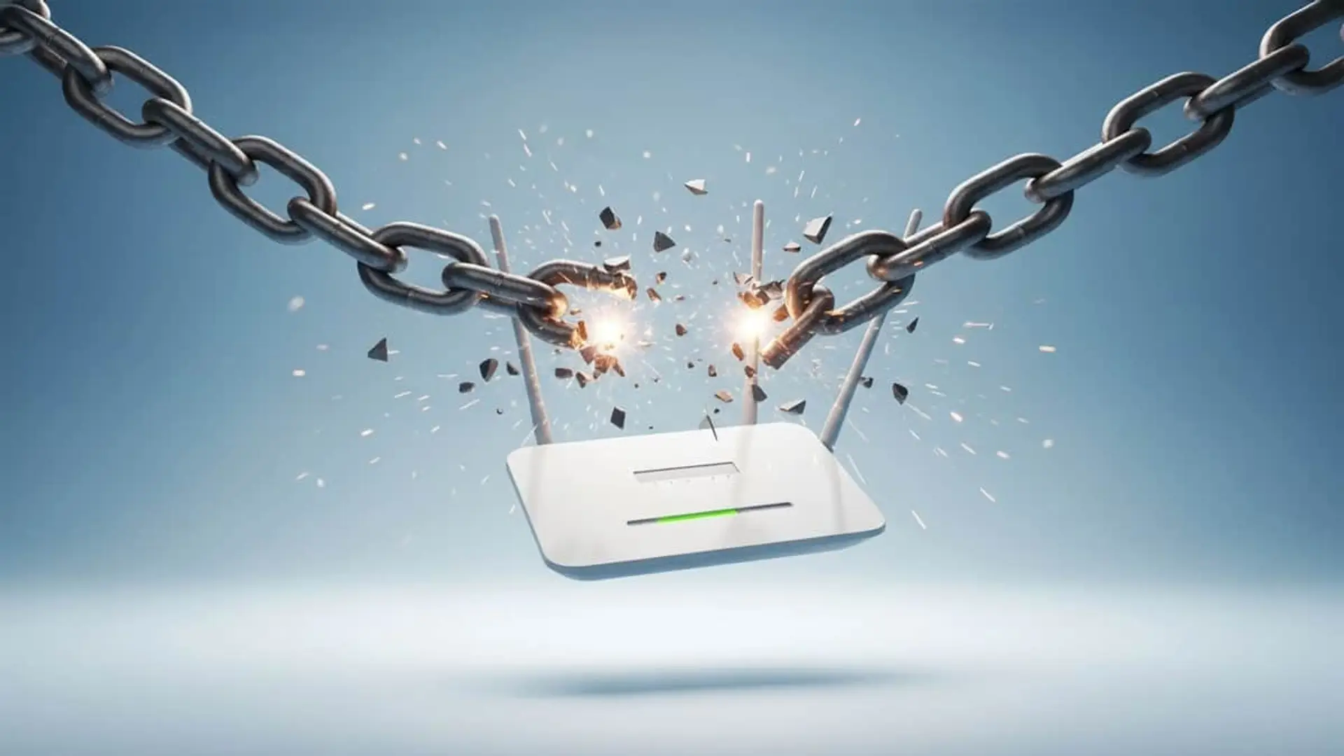 Un router rompiendo las cadenas de la permanencia. Símbolo de una oferta de fibra o móvil sin ataduras y sin compromiso.