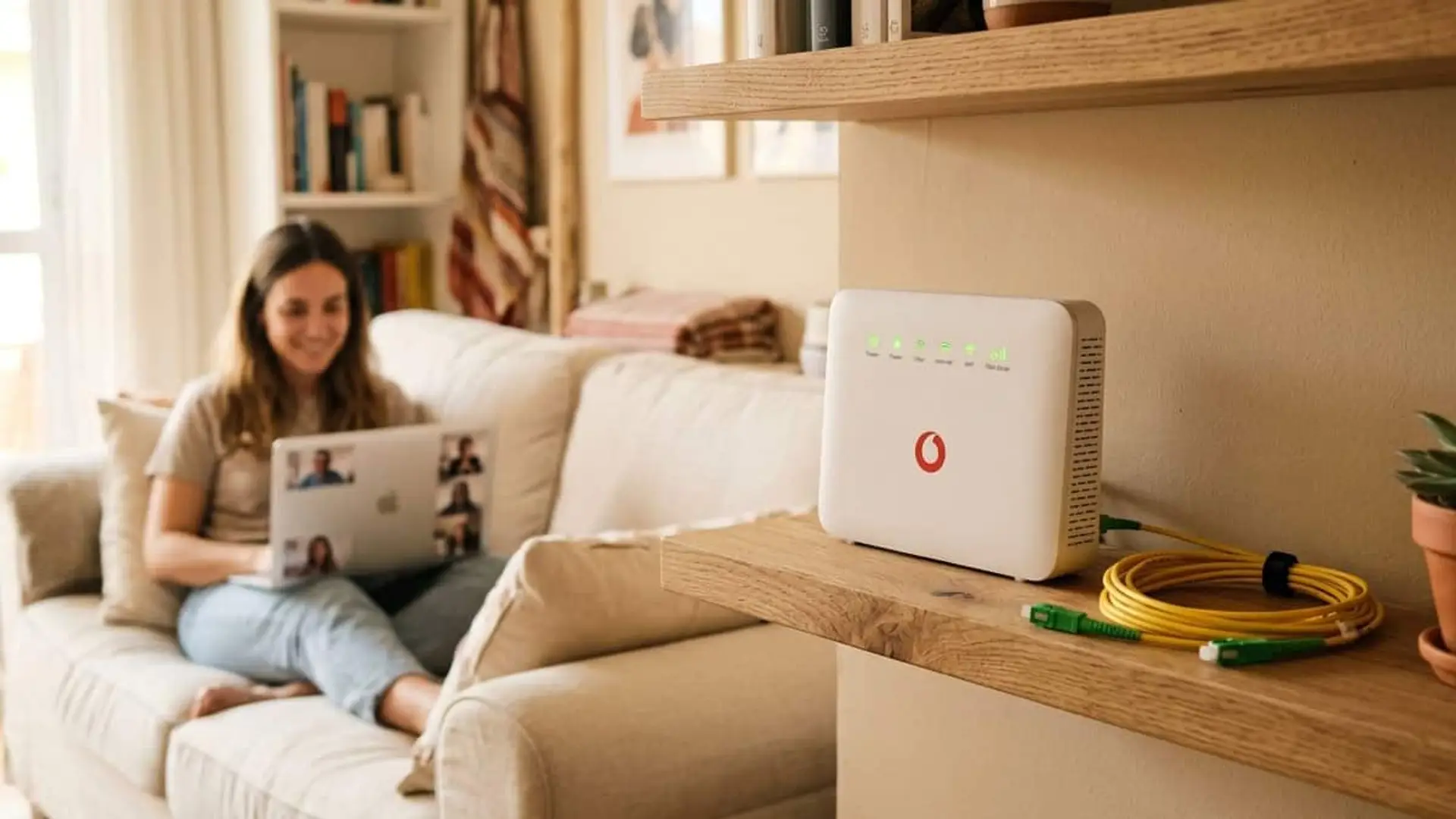 Router de fibra óptica Vodafone con luces encendidas y cable amarillo, junto a una mujer que utiliza un portátil en el salón.