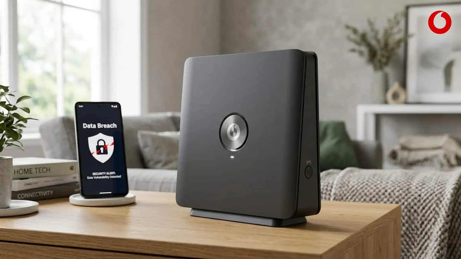 Vodafone, multada con 750.000 euros por la brecha de datos de Super WiFi de 2023 Router de Vodafone junto a un móvil que muestra una alerta de brecha de datos