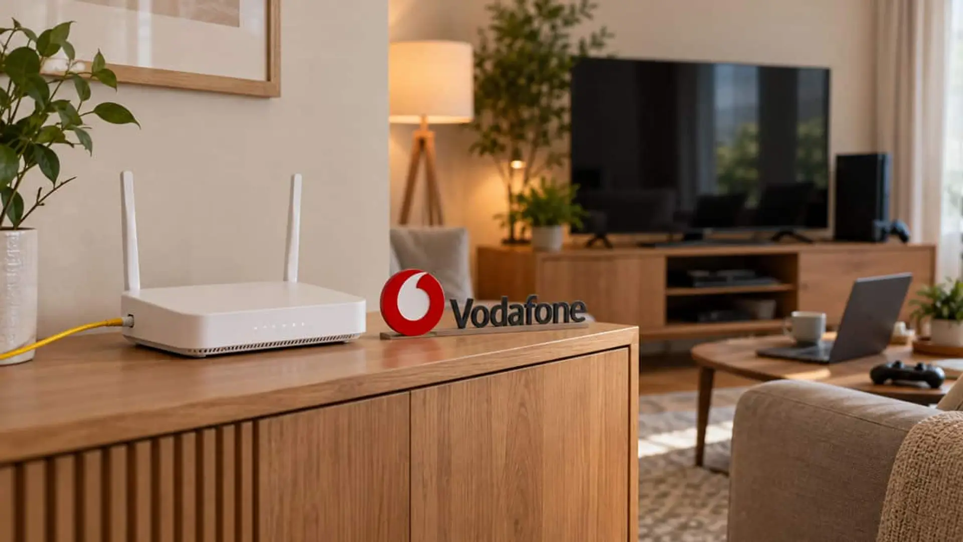 Router WiFi blanco con dos antenas y cable de red amarillo sobre un mueble de madera, junto al logotipo de Vodafone, en un salón con televisión, portátil y consola de videojuegos.