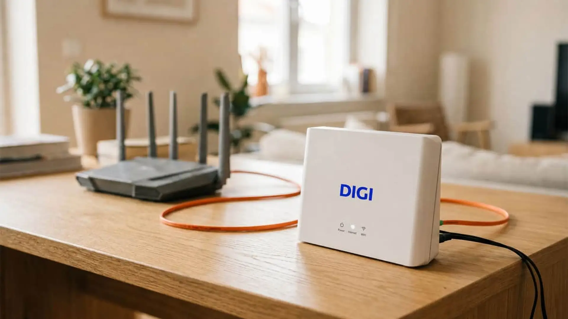 Digi ya permite el router propio en su fibra de 10 Gbps Router WiFi DIGI conectado por cable en una mesa de salón junto a otro router inalámbrico.