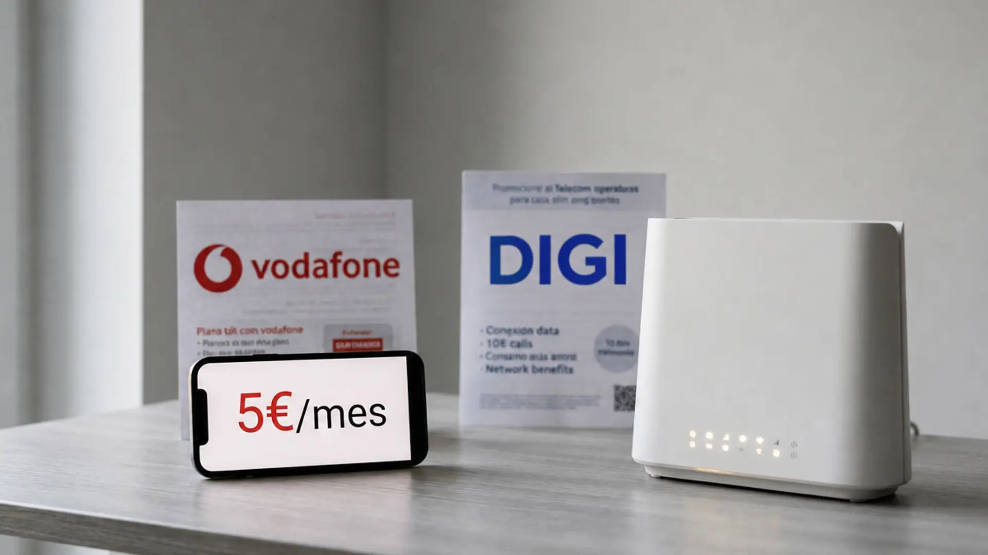 Vodafone vuelve a la carga contra Digi: tarifa ilimitada a 5€ y pack con Netflix a 29€ Router wifi junto a un móvil con un precio de 5 euros al mes y carteles de Vodafone y DIGI