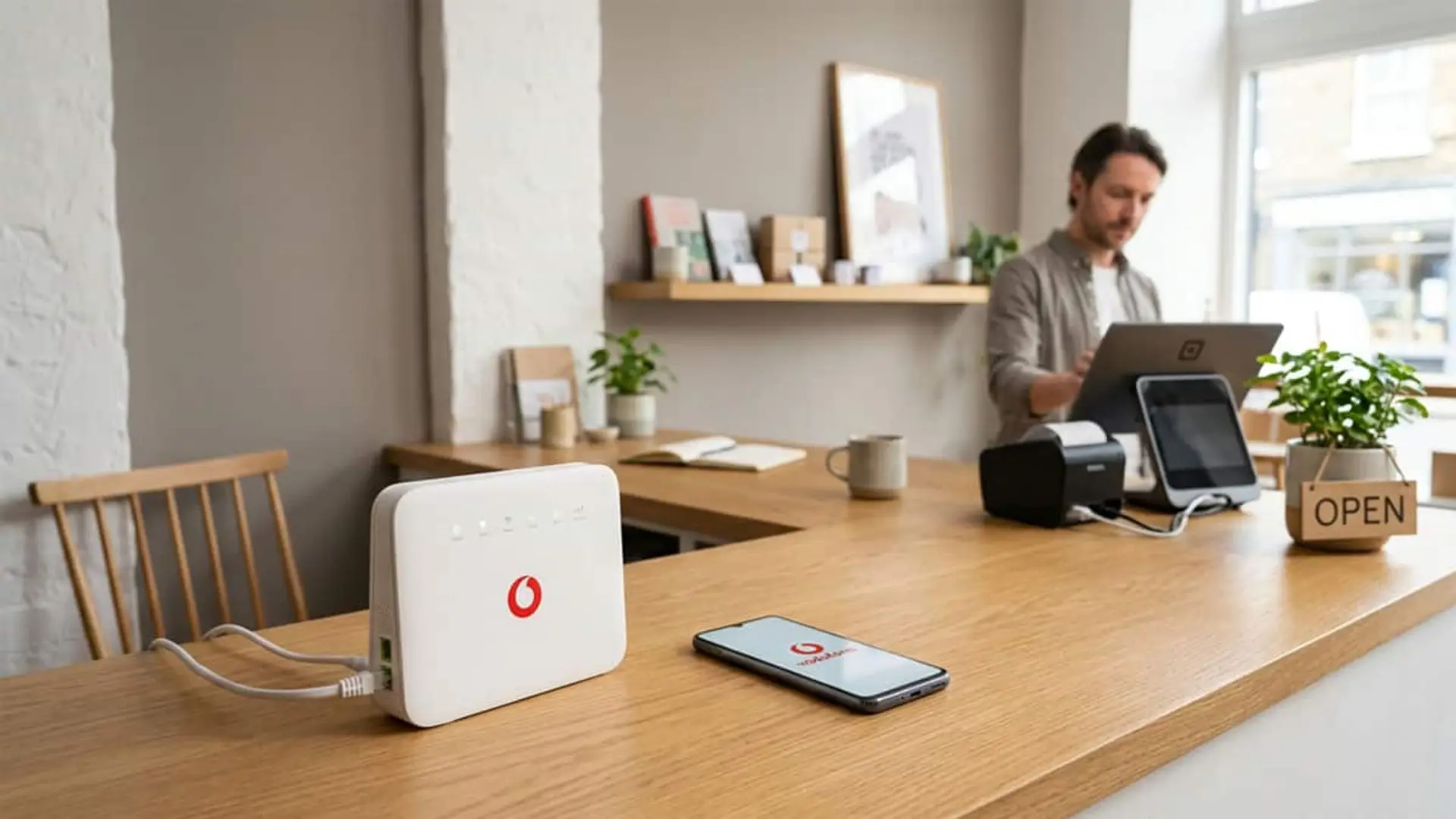 Router y teléfono móvil con el logotipo de Vodafone sobre el mostrador de un pequeño negocio