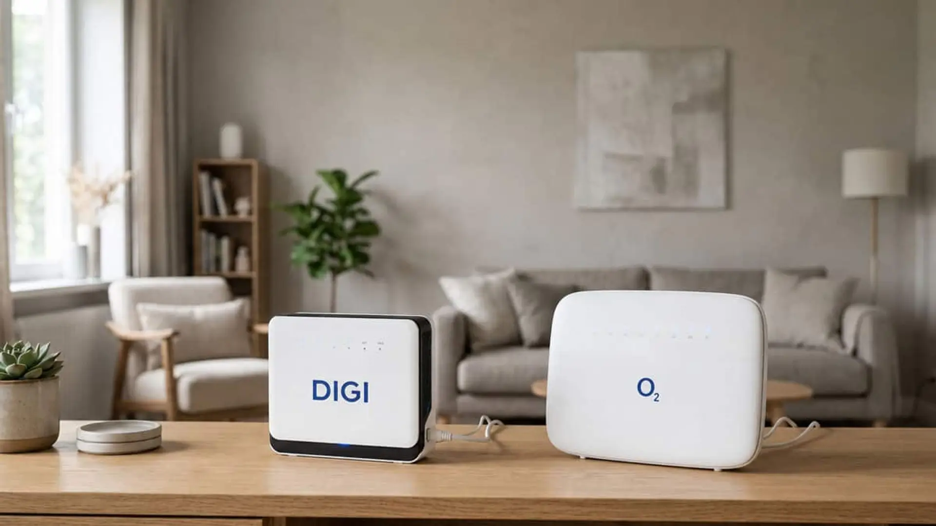 Digi ya cambia el router WiFi 7 a algunos clientes antiguos por 30-60 euros; O2 lo hará gratis sin fecha Router de Digi y router de O2 colocados sobre una mesa de madera en un salón