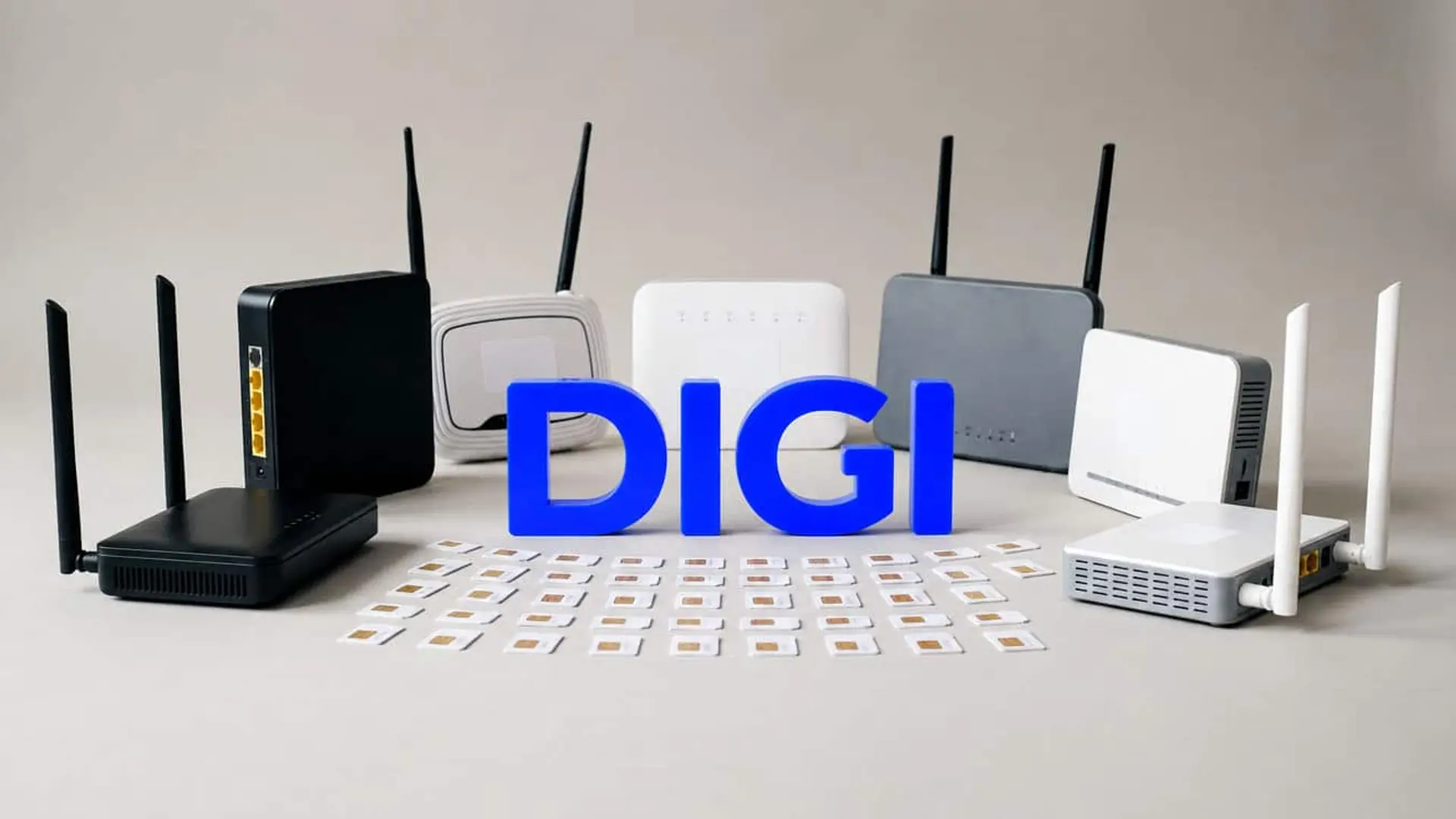 Digi ya es el operador que más clientes pierde en España: seis puntos más que Telefónica Varios routers WiFi junto a numerosas tarjetas SIM y el logotipo de DIGI