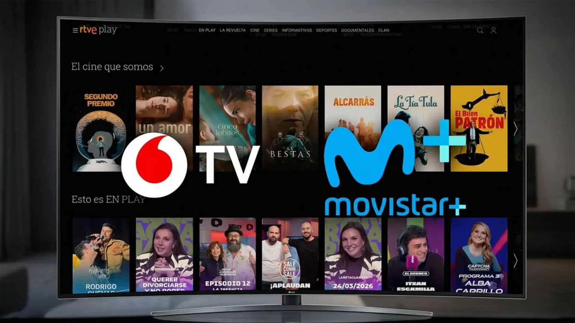 Interfaz de televisión con logos de RTVE Play Vodafone TV y Movistar Plus para ver cine y programas en streaming desde casa.