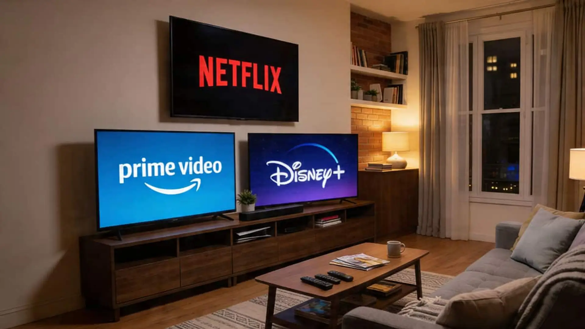 Salón con varias pantallas mostrando los logotipos de Netflix, Prime Video y Disney+