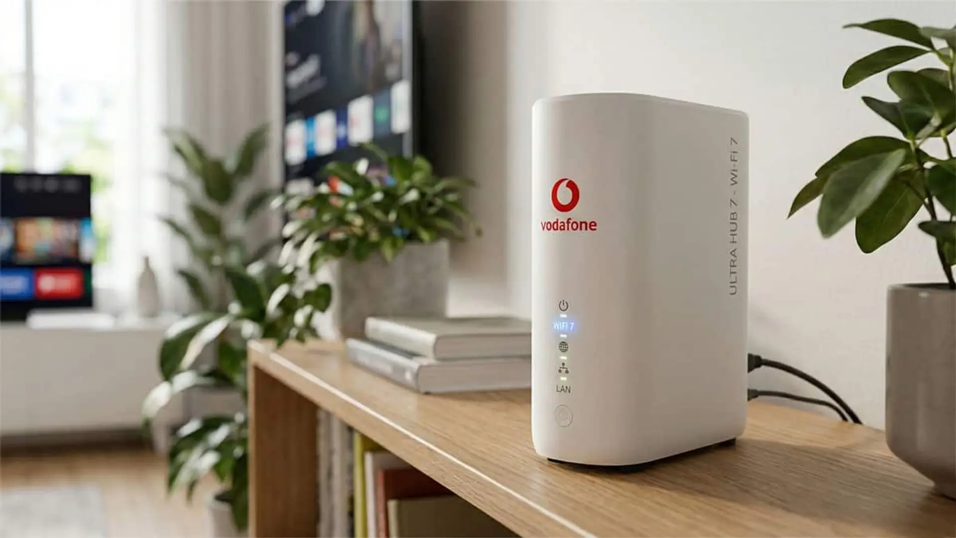 Mueble de salón con televisión al fondo y primer plano de router WiFi 7 con logo de Vodafone.
