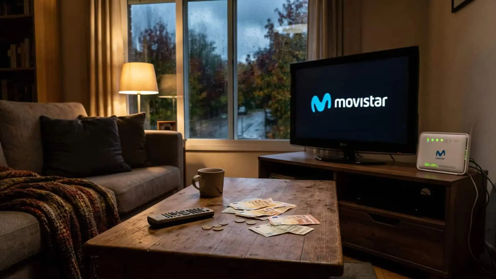 Televisor con el logo de Movistar en un salón junto a un router, mando y dinero sobre la mesa, simbolizando el coste del servicio.