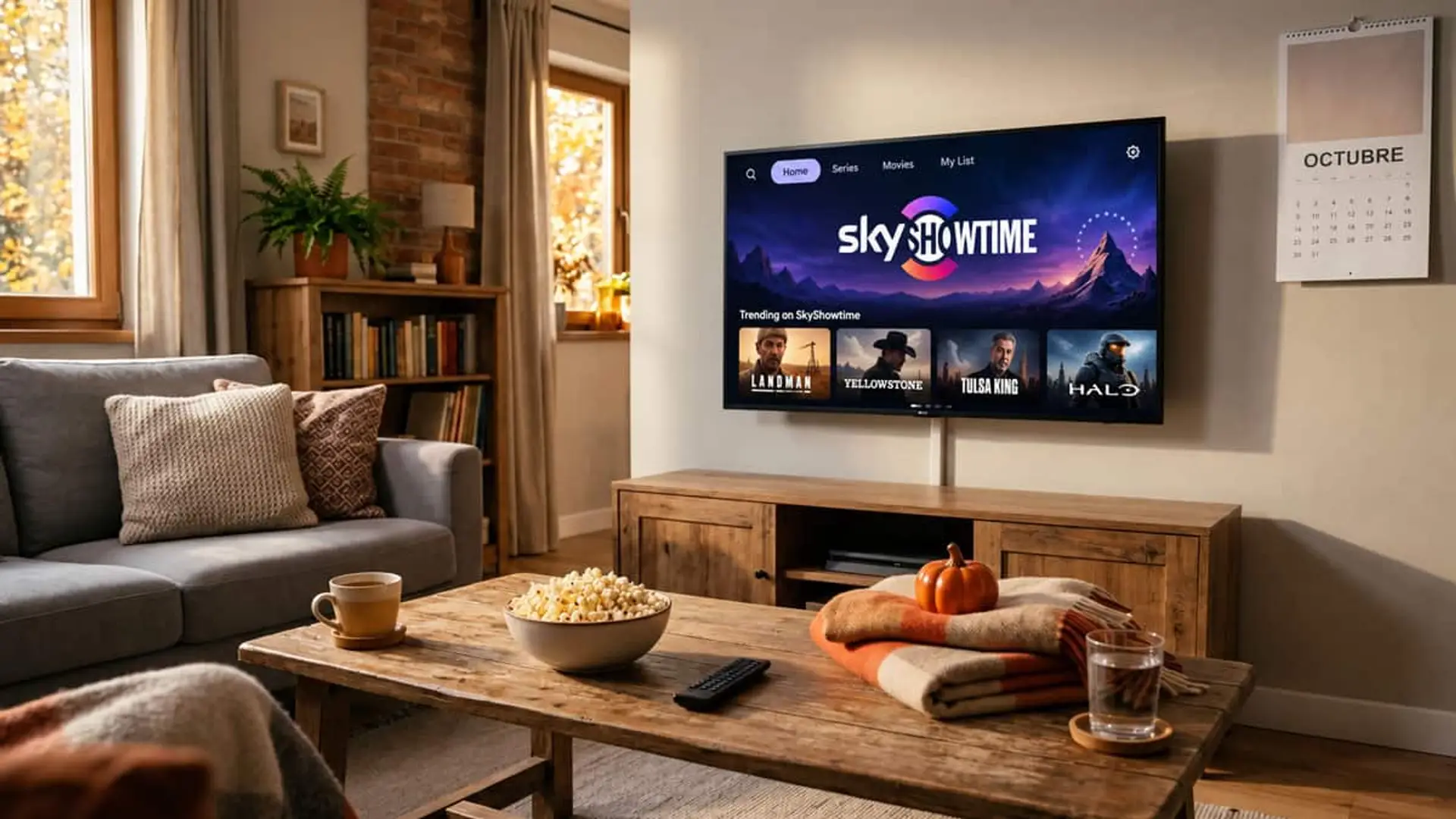 Salón decorado en otoño con SkyShowtime en la televisión y un calendario de octubre en la pared