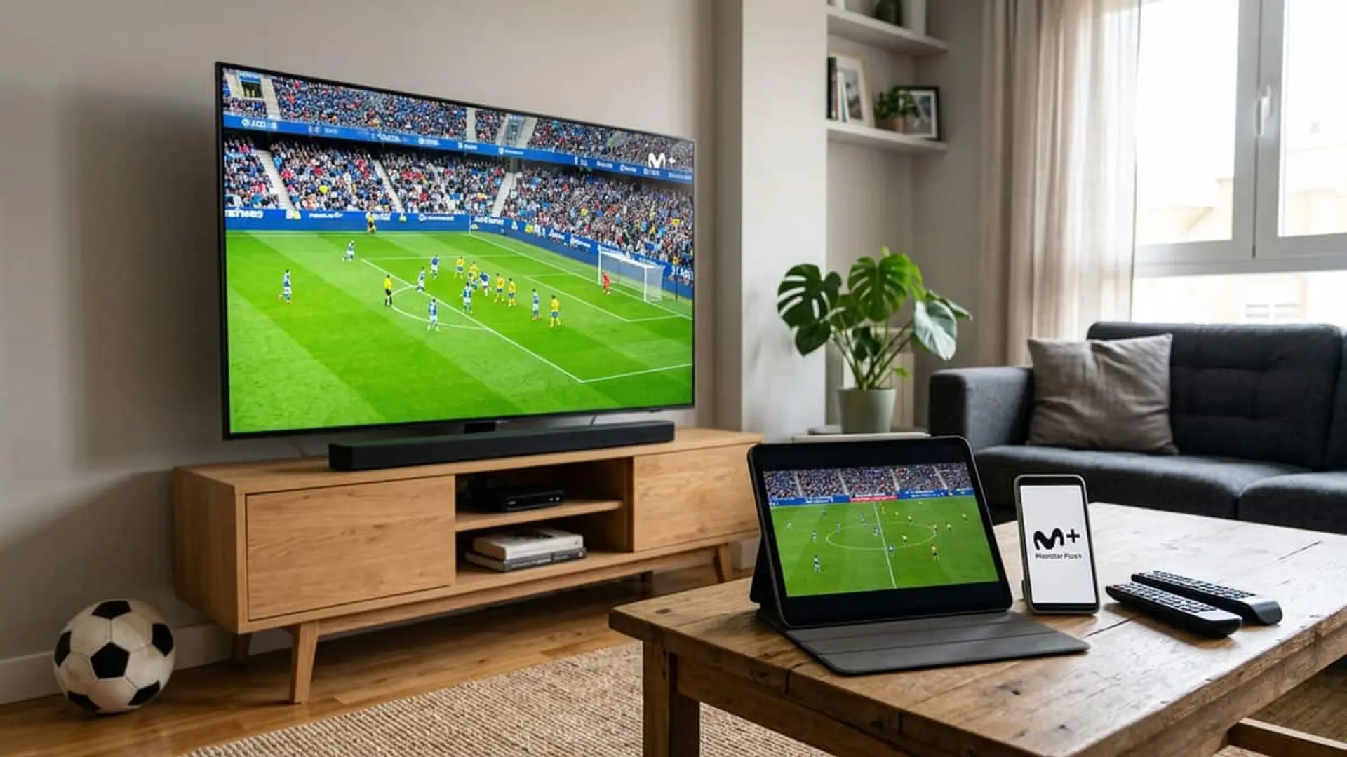 Salón con un partido de fútbol en la televisión y una tablet, junto a un móvil con el logo de Movistar Plus+