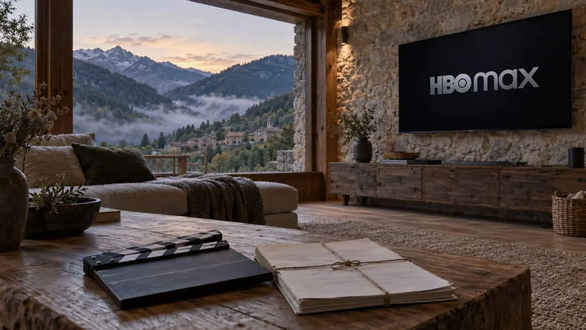 Los Javis producirán para HBO Max una serie sobre el misterio de Tor con Carles Porta Salón rústico con HBO Max en el televisor y vistas a un valle de montaña