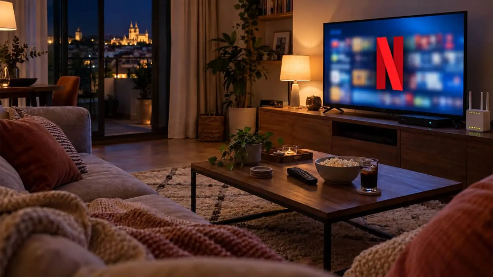 Netflix estrena “El problema final” el 25 de septiembre: así puedes verla con el streaming más caro que nunca Salón en penumbra con un televisor encendido con el logo de Netflix y un descodificador con mando a distancia sobre un mueble cercano.