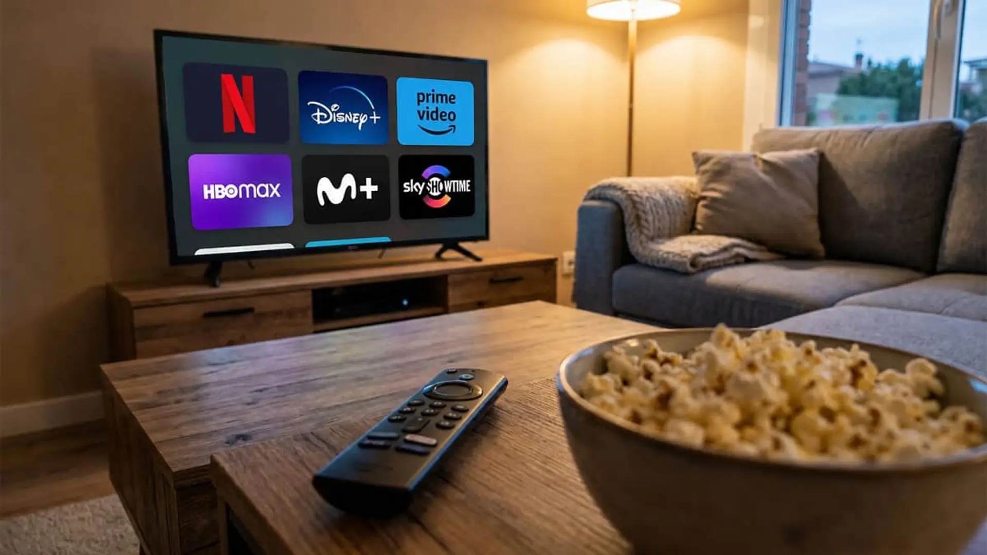 Salón acogedor con Smart TV mostrando Netflix, Disney+, Prime Video y otras plataformas de streaming.