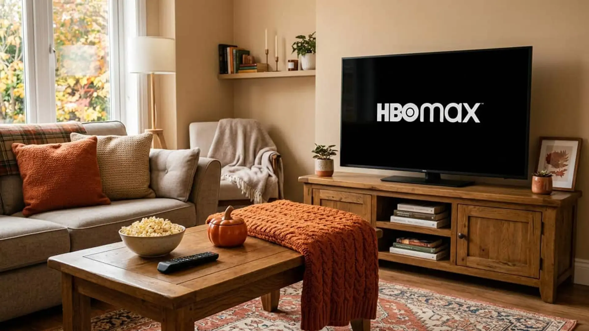 Salón con televisión mostrando el logo de HBO Max, palomitas y una manta naranja sobre la mesa