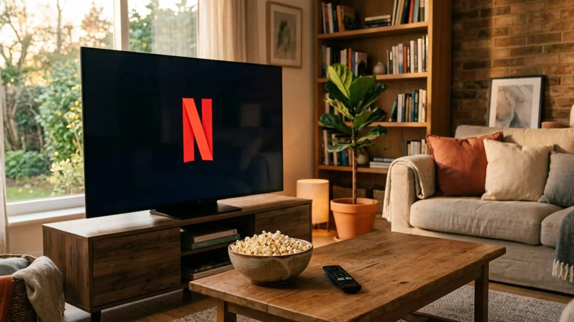 Salón con una televisión mostrando el logo de Netflix y una mesa con palomitas y mando a distancia