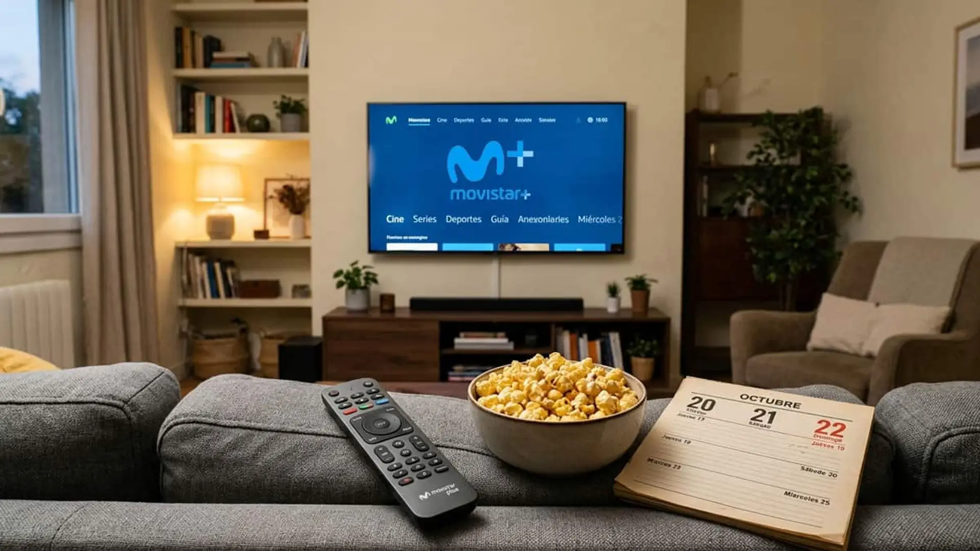 Salón con Movistar Plus+ en la televisión, un mando, un bol de palomitas y un calendario de octubre